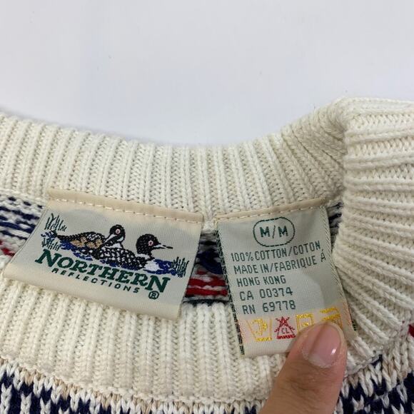 Vintage Northern Reflections Sweater Mens M Medium Nordic Fair Isle Cotton Crew - Picture 3 of 8
